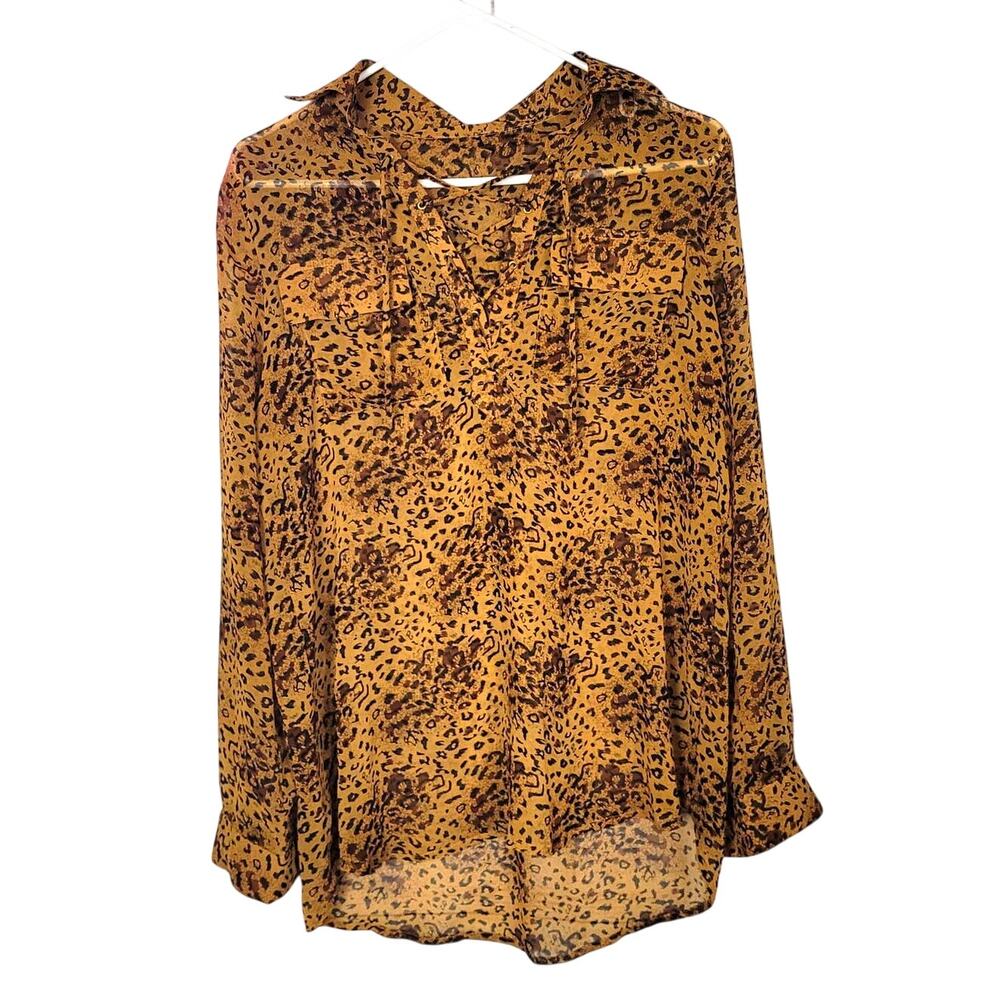 Maxsport Brown Leopard Long Sleeve Button Down Shirt Sheer Size Small Preppy Y2K
